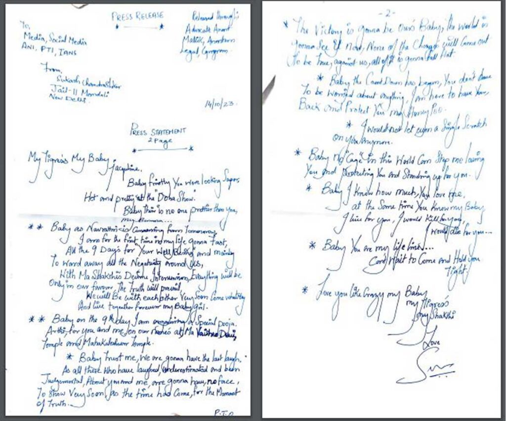 Sukesh Letter to Jacqueline Fernandez