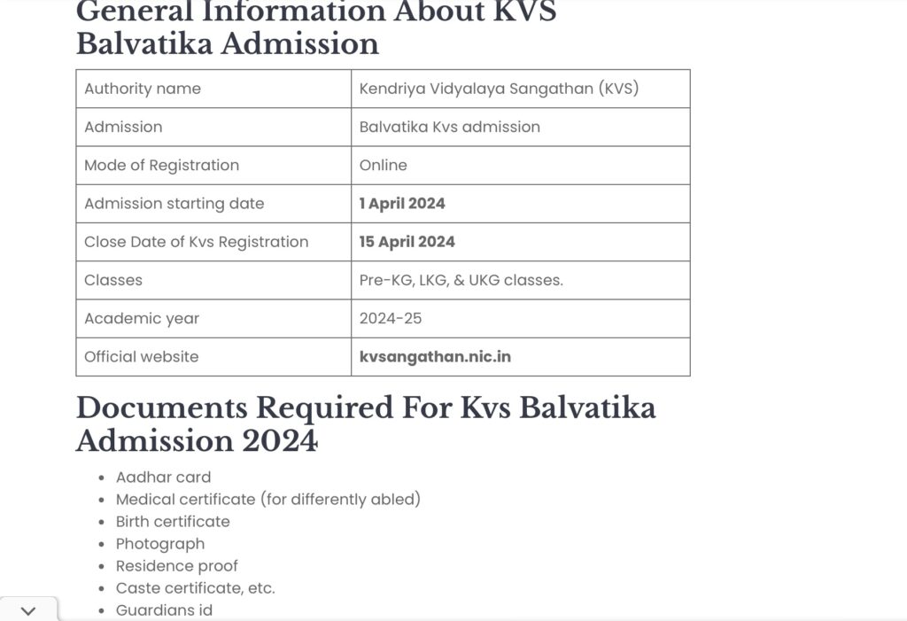 Kendriya Vidyalaya Admission 2024-25 required documents